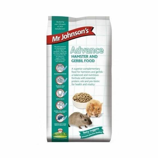 Mr Johnsons Advance hamster and gerbil food in a 750g bag, featuring small mammal pet food with grains and pellets.