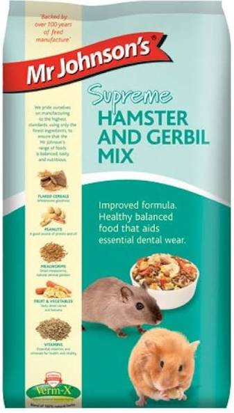 Mr Johnsons Supreme Hamster and Gerbil Mix in a 900g bag, featuring colorful pellets and grains for small mammal nutrition.