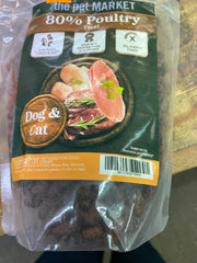 Dog and cat poultry treat from The Pet Market, 80% poultry, showing the treat package with chicken and bird images.