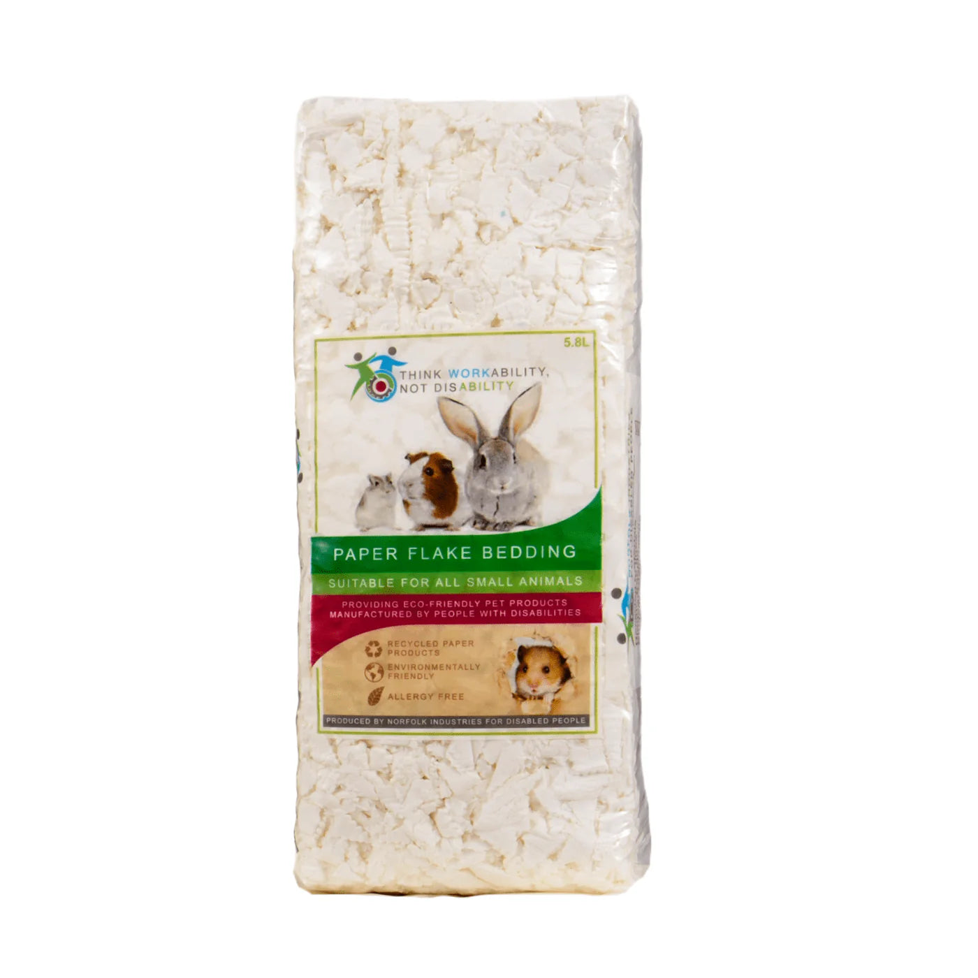 Norfolk Industries Paper Flake Bedding in 5.8L container, soft white paper flakes for bedding or packaging use.