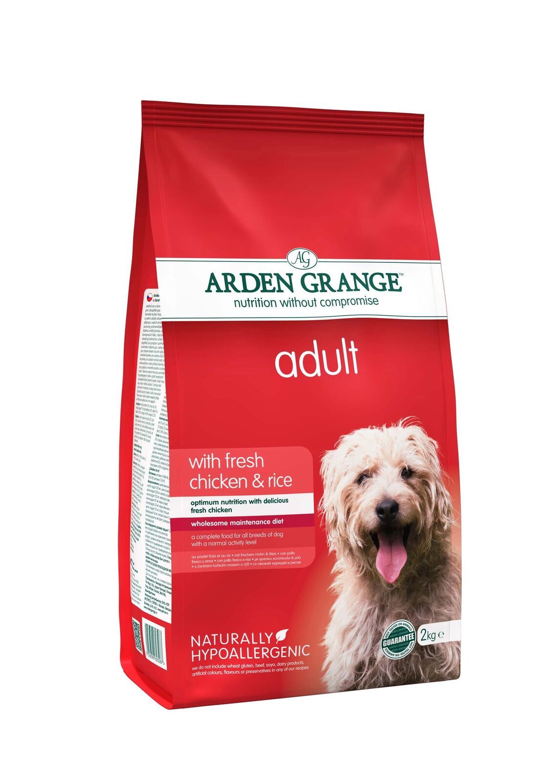 Bag of Arden Grange Adult Chicken and Rice dog food, 12kg, showing the product packaging with brand logo and product details.
