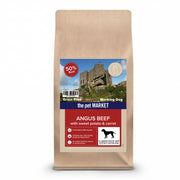 Grain-free adult dog food with Angus beef from Pet Market, showing a bowl of nutritious pet food with fresh beef chunks.