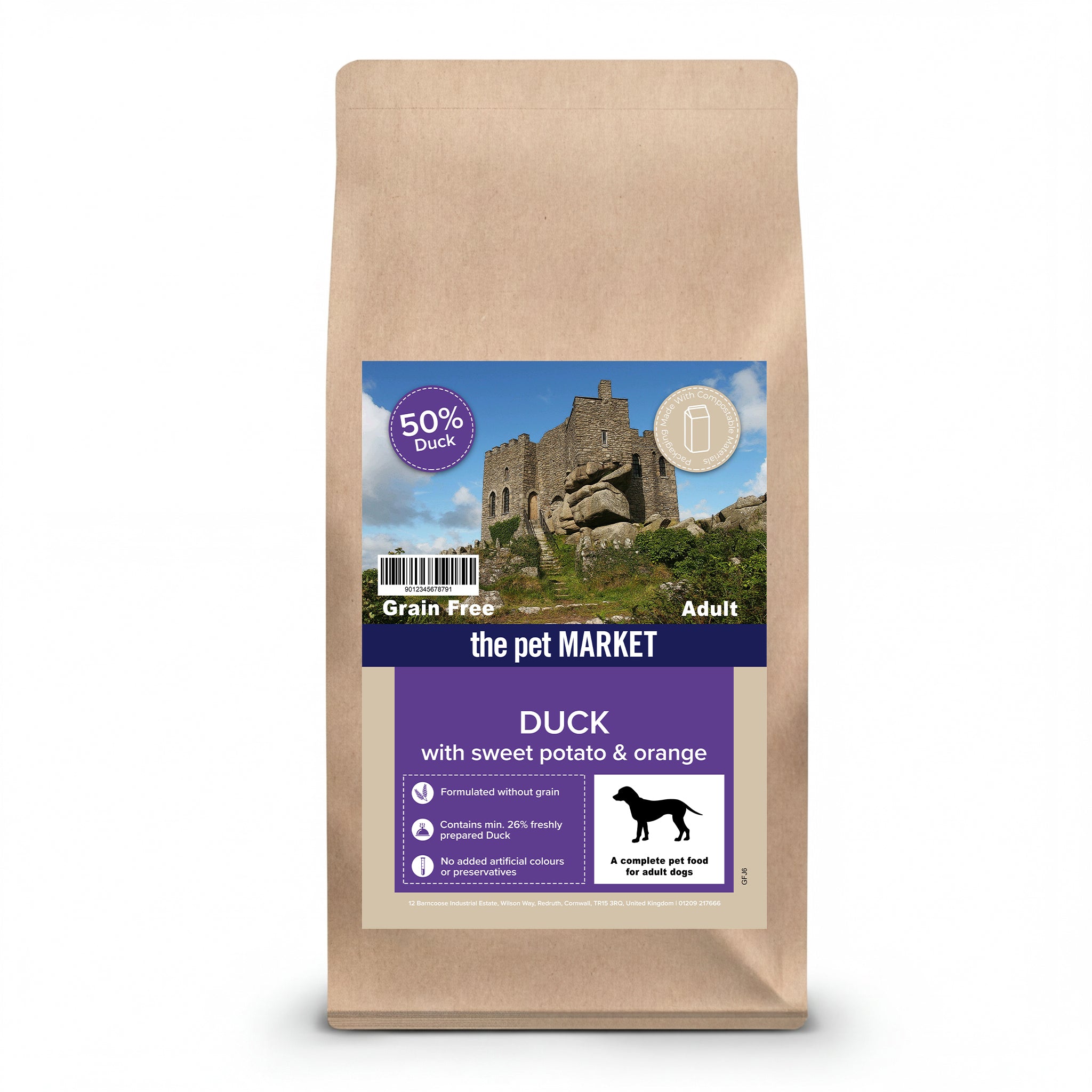 PetMarket grain-free duck and sweet potato adult dog food in 6kg bag, featuring orange flavor and high-quality ingredients.