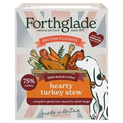 Forthglade adult grain-free British classic hearty turkey stew for dogs in 395g can, showing the savory dog food in a bowl.