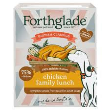 Forthglade adult grain-free British classic chicken Sunday lunch dog food in 395g tin, featuring chunks of chicken and vegetables.