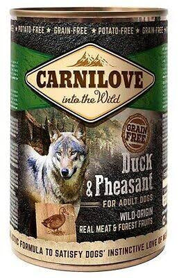 Bag of Carnilove duck and pheasant dog food for adult dogs, featuring natural ingredients and high-quality protein.