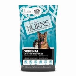 Burns Original dry dog kibble with chicken and brown rice, showing a close-up of the textured, pellet-style pet food.