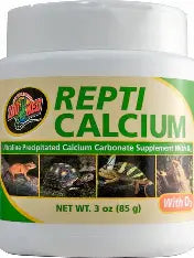 Repti Calcium supplement from ZooMed for reptiles, shown in a clear container with label and calcium powder inside.