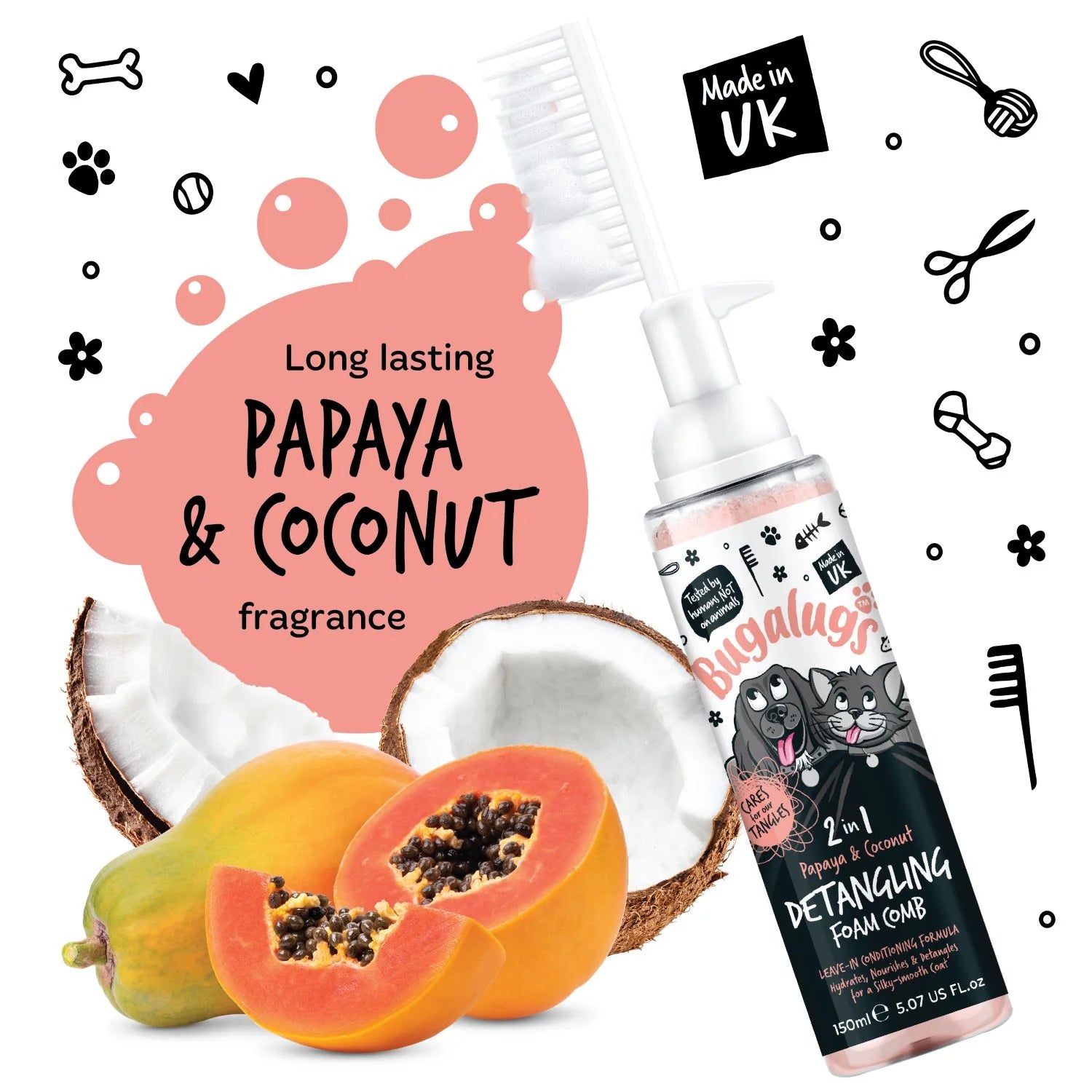 2 in 1 Detangling Foam Comb (Papaya & Coconut) Grooming Bugalugs