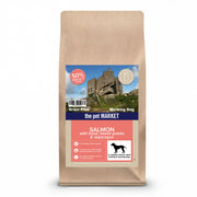 Grain-free adult dog salmon dry kibble in a bowl, complete pet food by the Pet MARKET with salmon flavor.