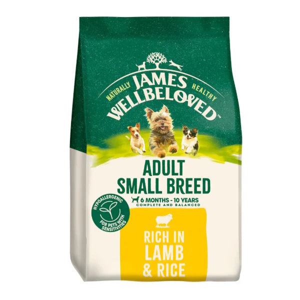 James Wellbeloved adult small breed dry dog food with lamb and rice in a 7.5kg bag, featuring kibble in a natural setting