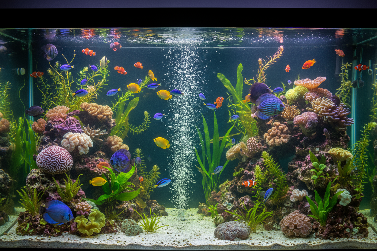 big fish tank with tropical fish 