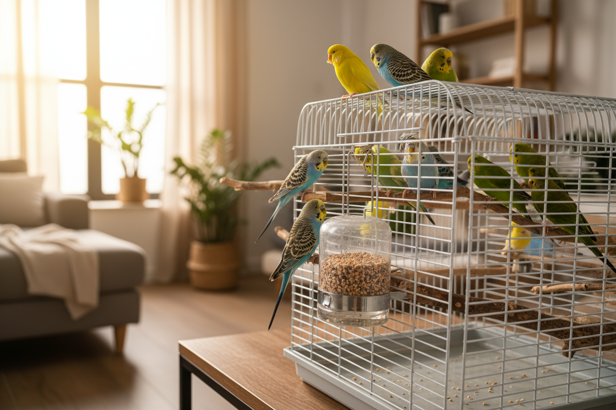 birds eating seed in cage at home