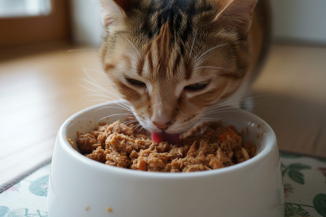 cat eating canned food in bowl 