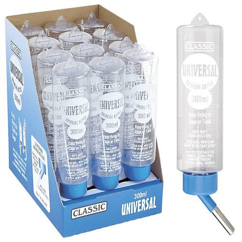 Classic Universal Drinking Bottle Medium 300ml for small mammals, shown in a pack of 12, with a clear plastic body and metal spout.
