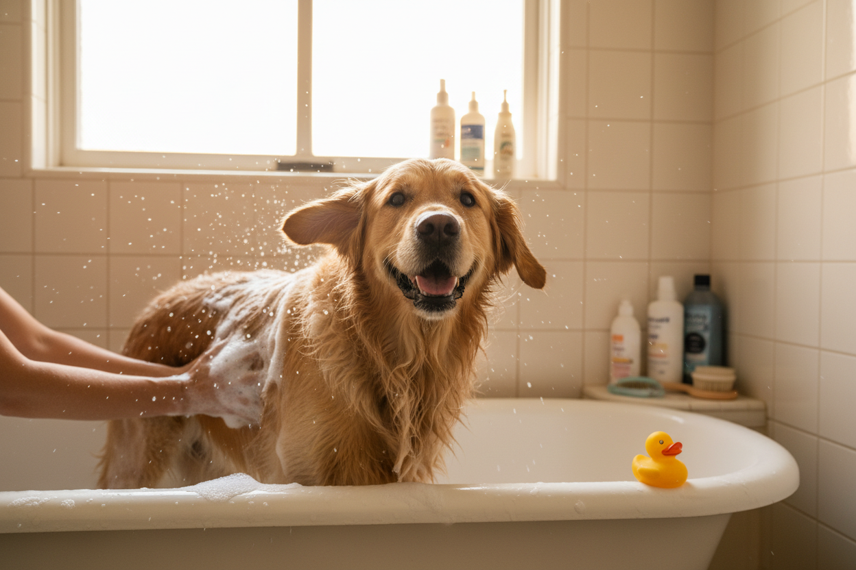 dog having a bath with soap on his coat