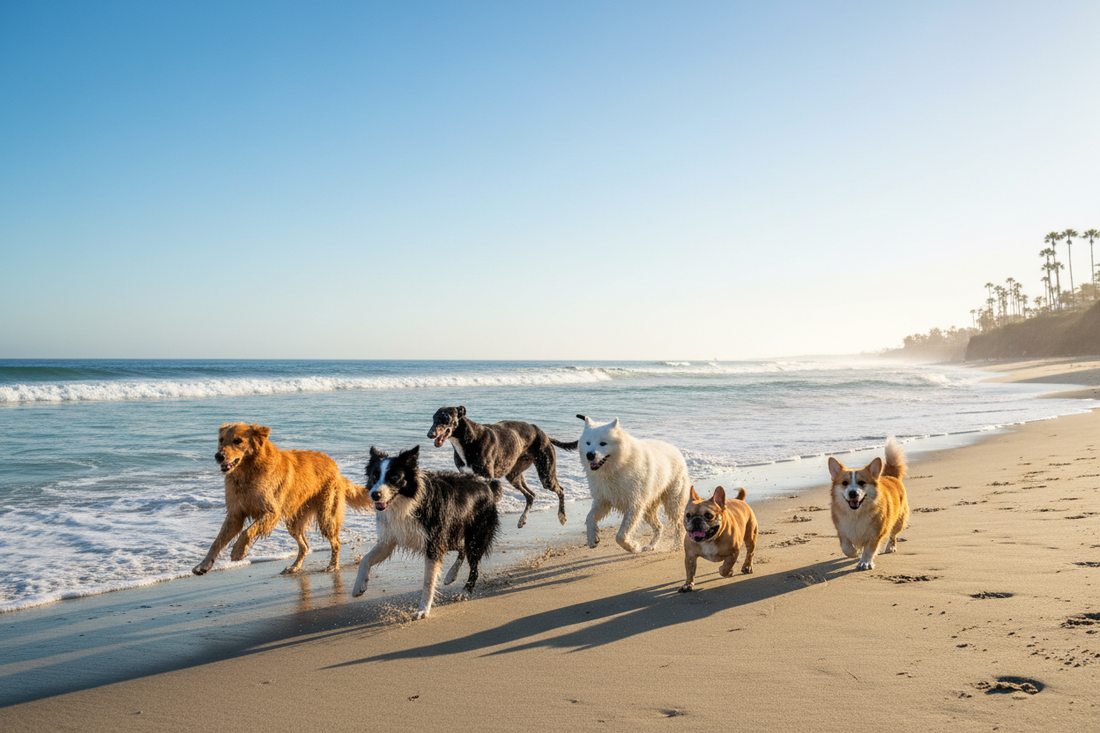 dogs running on beach