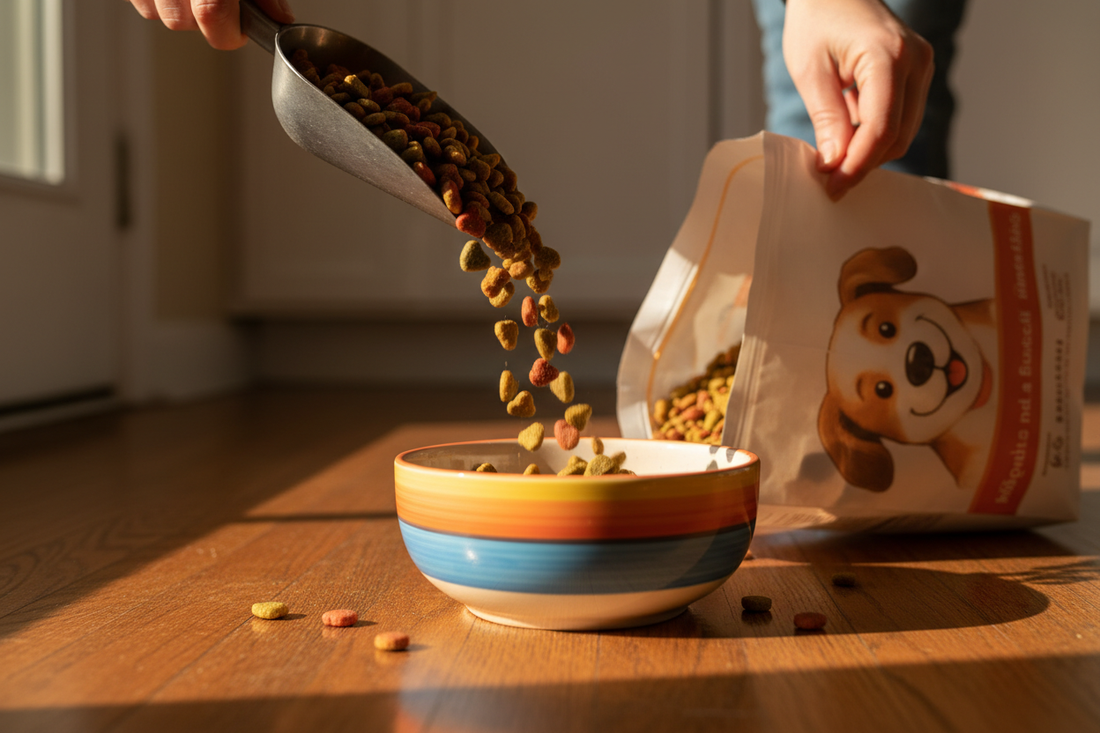 filling up dog bowl with food