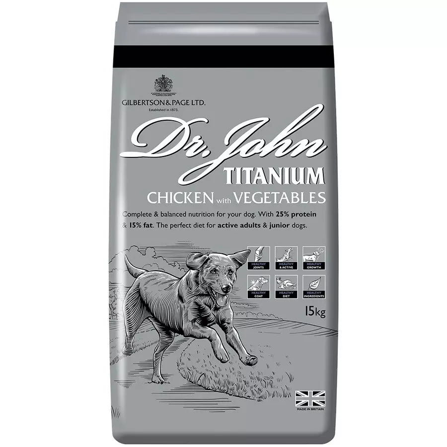 Dr. John Titanium Chicken with Vegetables Dog Food 15kg Dry Complete kibble Gilbertson & Page LTD