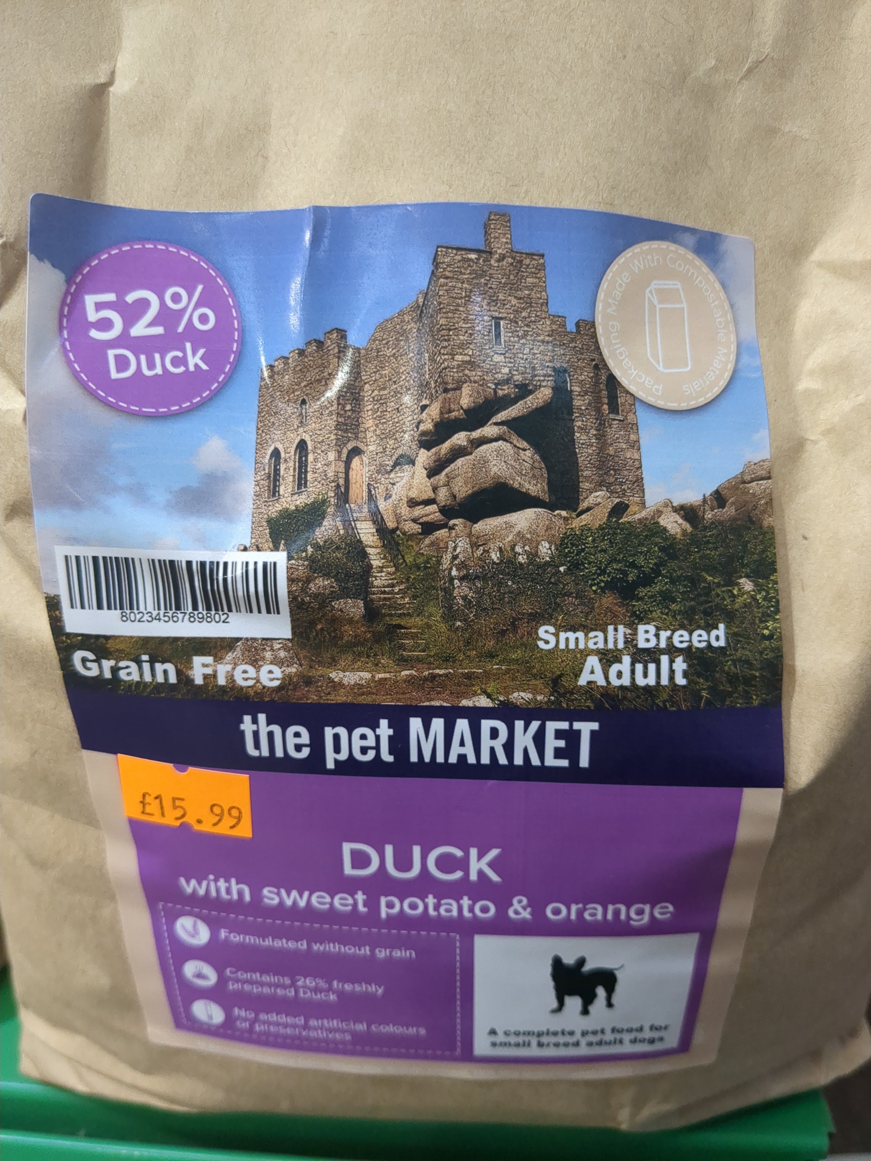 PetMarket grain-free duck and sweet potato with orange small breed adult dog food, 2kg bag, shown in the image