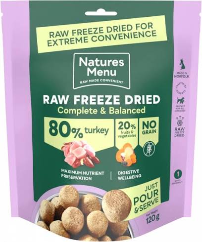 Raw Freeze Dried Complete Dog Food Natures Menu Turkey 120g