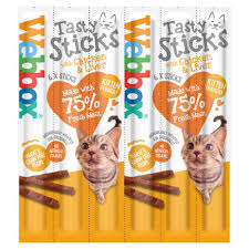 Webbox Tasty Stick Cats treats showing a close-up of the crunchy, savory cat snack with the product packaging in the background.