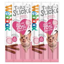 Webbox Tasty Stick Cats treat showing a close-up of the crunchy cat snack with its textured surface and vibrant packaging.