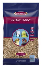 Johnston & Jeff Aviary Mix bird feed in a bag, showing colorful seeds and grains for bird nutrition and feeding.
