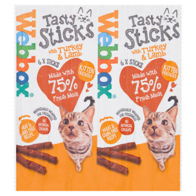 Webbox Tasty Stick Cats treats showing a cat enjoying the crunchy snack made for feline snacks.