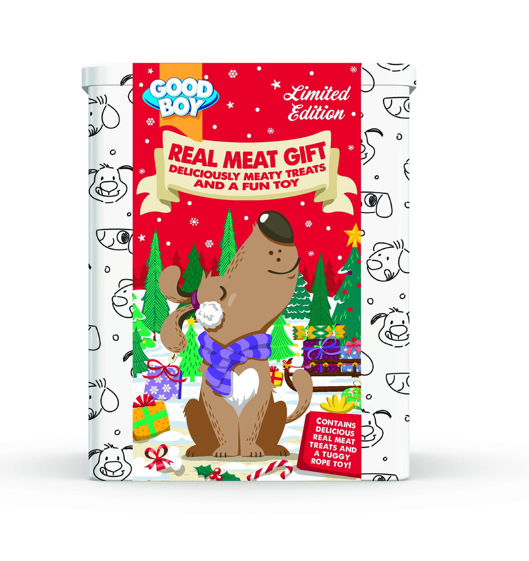 Good Boy Christmas Tin with Real Meat Treats & Rope Toy for Dogs Pet Market