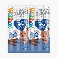 Webbox Tasty Stick Cats treat showing crunchy cat snack with visible stick-shaped pieces and colorful packaging.