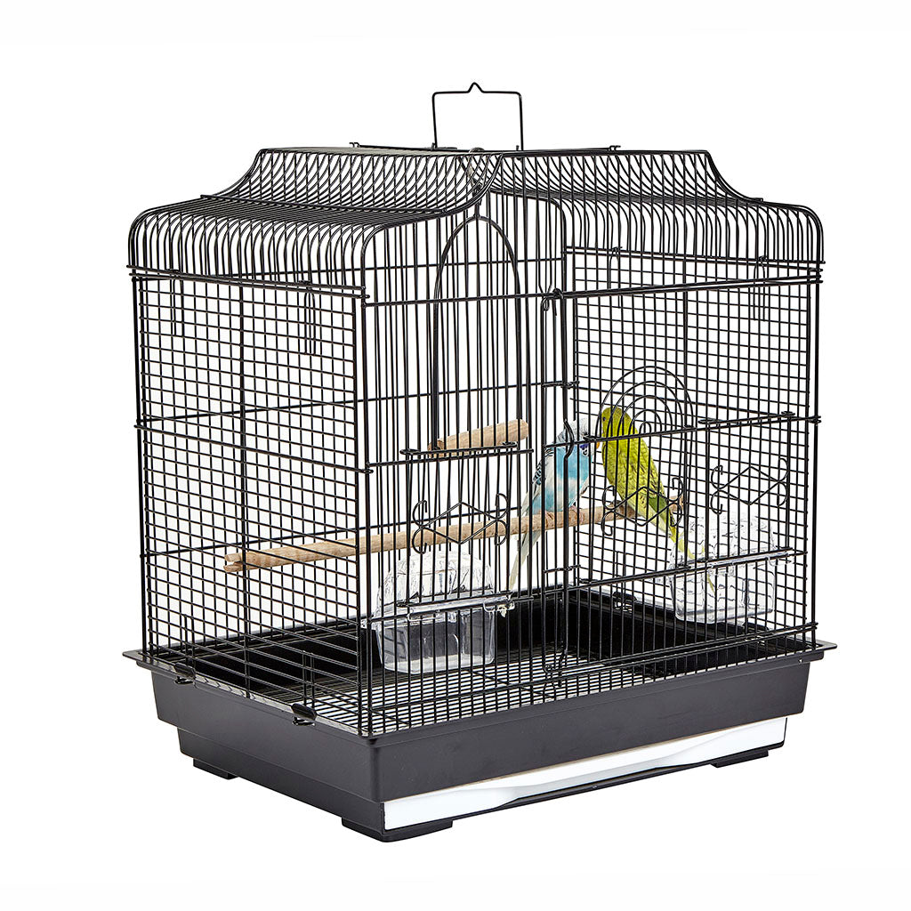 Sky Siam Cage Black bird cage with metal bars and door, suitable for small to medium birds, in a sleek black finish.