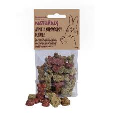 Apple and strawberry-flavored bunny treats from the Pet MARKET, featuring colorful bunny-shaped snacks on a white background.