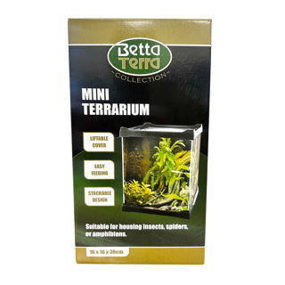 Betta Terra Black Mini Terrarium, 16x16x30cm, with glass sides and black frame, suitable for small aquatic or terrestrial plants.