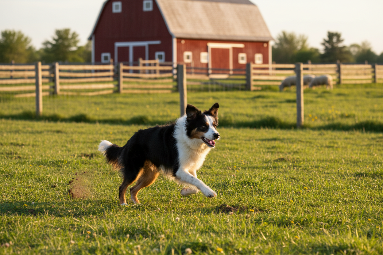 working dog running around farm