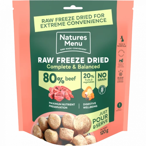 Raw Freeze Dried Complete Dog Food Natures Menu Beef 120g