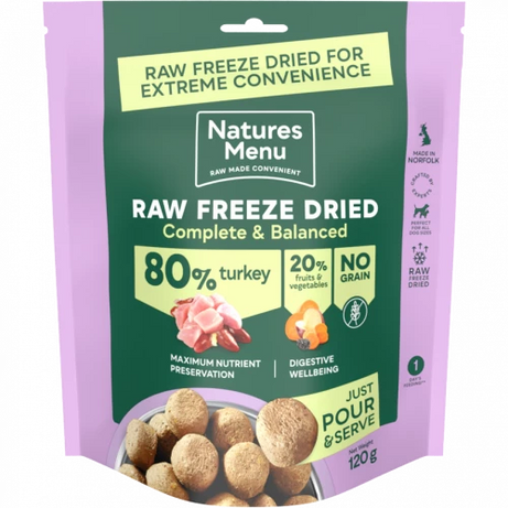 Raw Freeze Dried Complete Dog Food Natures Menu Turkey 120g