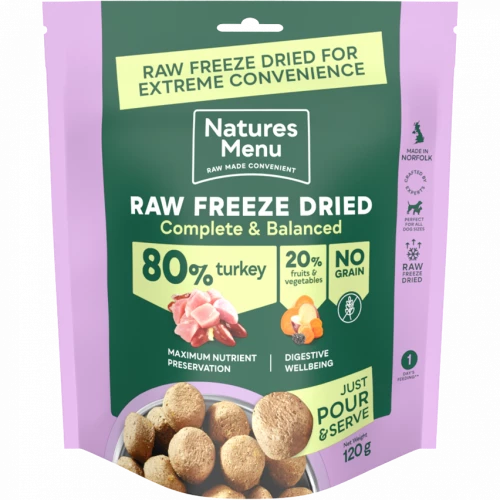 Raw Freeze Dried Complete Dog Food Natures Menu Turkey 120g
